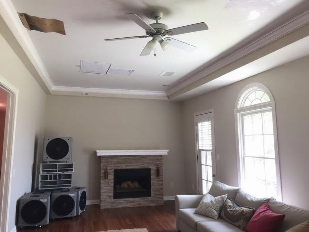 Restored ceiling with new drywall, insulation and paint after storm damage