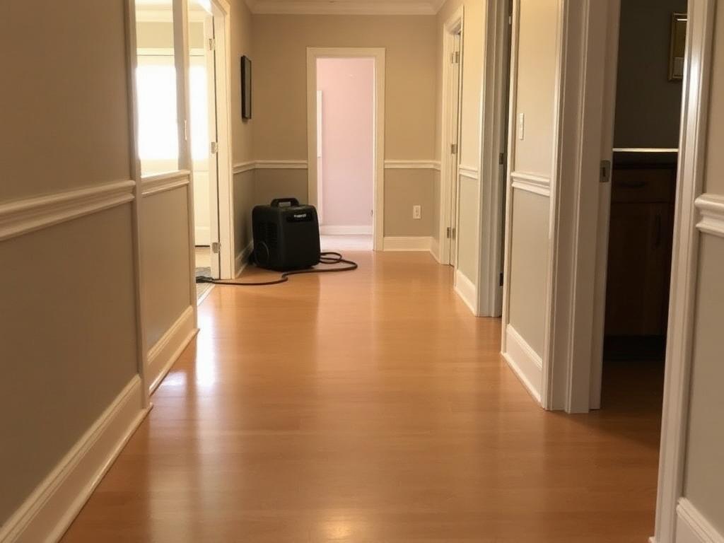 Repaired hallway with new flooring and dry slab after leak remediation