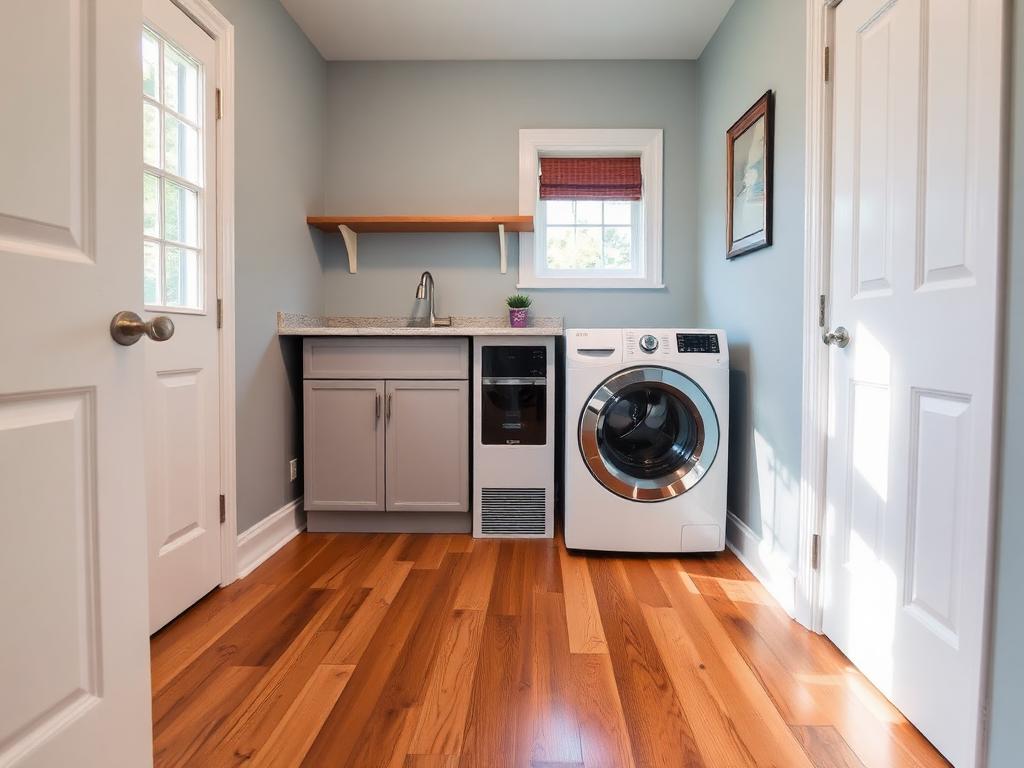 Restored laundry room with dry hardwood flooring and repainted walls