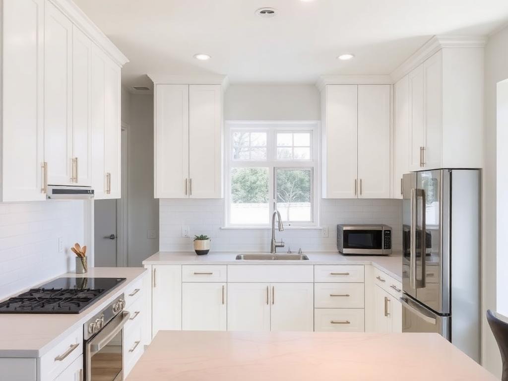 Rebuilt kitchen with new cabinetry, clean painted walls and no smoke odour